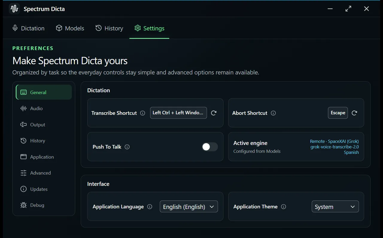Spectrum Dicta: Settings